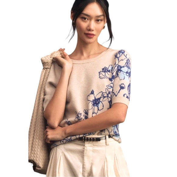 ✨Anthropologie✨ Maeve x Sonal Nathwani Harmon Jacquard Short Sleeve Sweater M - Picture 1 of 9